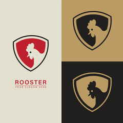 Simple rooster in shield vector icon logo.