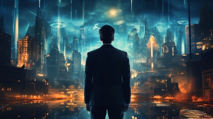 Successful businessman standing in futuristic cityscape office. Generative AI