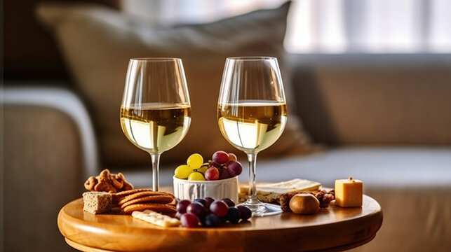 Three wineglasses of vintage chardonnay with delicious appetizers. white wine, italian breadsticks, figs and grapes. Interior background. Generative AI