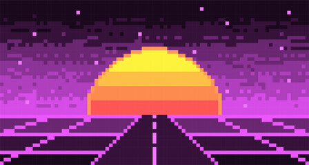 Road pixelated landscape with synthwave sun and stars background. Neon highway 8bit blank purple 80s grid with cyberpunk striped luminary. Electronic violet glow in 90s vector style