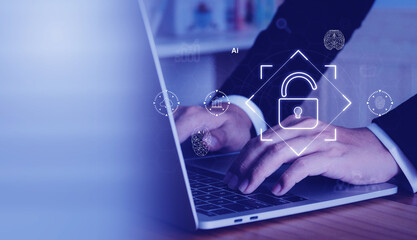 Cyber security, businessman using laptop access to secure business transaction data technology to protect sensitive data from cyber attacks.