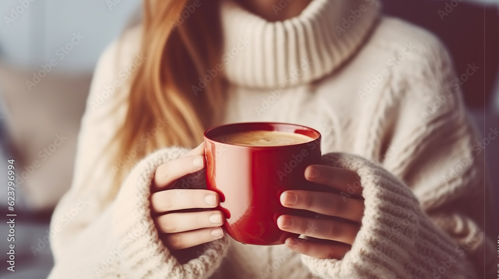 Wall mural Young woman's hands holding big cup of hot beverage. Female wearing fashionable oversized white knitted sweater, sitting home with mug of coffee. Generative AI