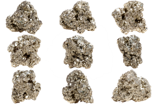 Macro mineral stone pyrite on a white transparent background close-up