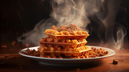 A plate of delicious wafel on black background - obrazy, fototapety, plakaty
