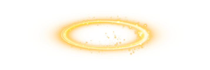 Golden halo angel ring Isolated on transparent background. Abstract light lines of movement and speed. Light ellipse. Galaxy Glint. Glowing podium. Space tunnel. Light everyday glowing effect. - obrazy, fototapety, plakaty