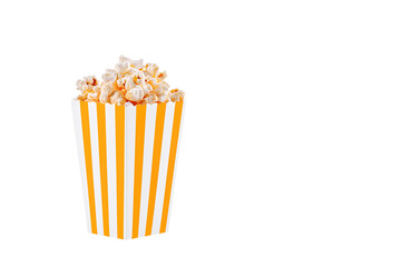 cardboard glass orange, brown with popcorn on a white transparent background close-up