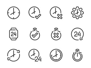 Time and Clock vector line icons. Watch and Hour outline icon set. Countdown, Timer, 24 Hours, Deadline, Time management and more.