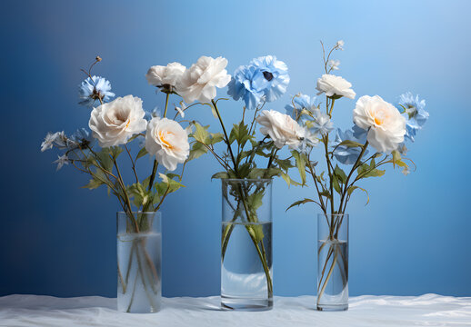  Blue flowers in a three-glass vase, AI GENERATIVE