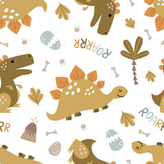 Seamless pattern with cute dinosaurs. © nafanya241