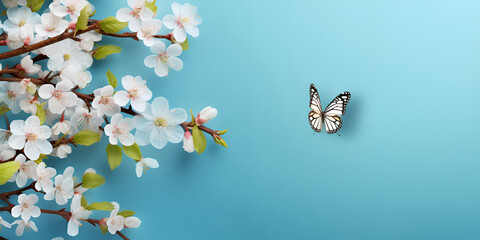 Beautiful butterfly on white flower on blue background, Butterflies On Blooming Tree, Magical scene with sakura flowers and butterfly. Beautiful nature spring background, generative Ai