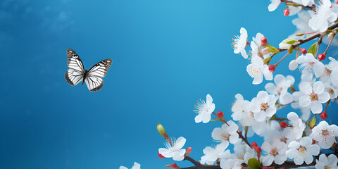 Fototapeta na wymiar Beautiful butterfly on white flower, sky background, Beautiful magic spring scene with cherry flowers and butterfly, generative Ai