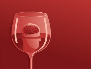 Alcohol impact the brain - head in glass of wine