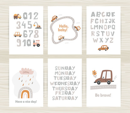 Set of posters with Track road alphabet and numbers