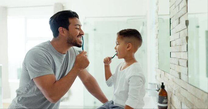 Father, kid and how to brush teeth in bathroom for hygiene, morning routine together and healthy learning. Family of dad, boy child and dental cleaning with toothbrush for self care of fresh breath