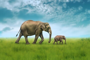 Fototapeta na wymiar a mother elephant walking with her calf
