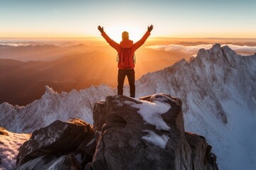 Obraz premium Mountain climber celebrating success on top of mountain. Generative AI 5