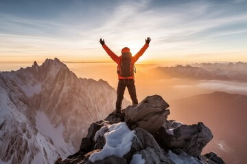 Mountain climber celebrating success on top of mountain. Generative AI 6