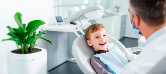 Fototapeta premium A child sitting in a dental clinic chair smiles at a dentist before undergoing a oral inspection