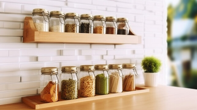 Countertop Spice Rack KItchen Indoor Interior. Kitchenware Utensils on Wooden Strip Indoors Food Store Bunch of Dried Herbs. Generative AI