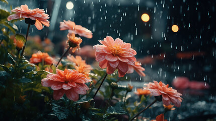 Naklejka na ściany i meble Magic of Heavy Rain on Blooming Flowers