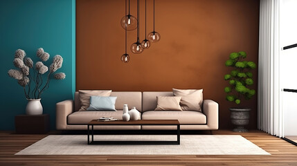 Interior with brown sofa. 3d illustration. Generative AI