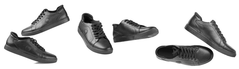 black leather sneakers on a transparent white background close up