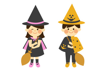 ハロウィンで魔法使いの仮装をする男の子と女の子