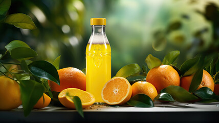 Bottle of Juice Surrounded by Oranges and Lush Leaves
