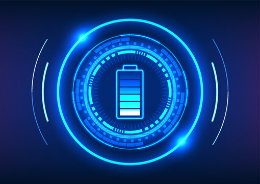 Battery technology inside of high tech circle It is a technology that allows power to work with electrical equipment. It is a vector illustration in blue tones.