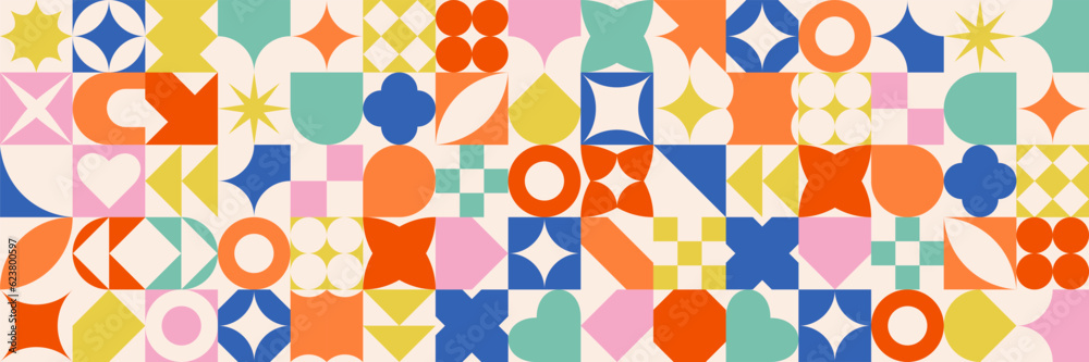 Poster Geometric seamless pattern in bauhaus style. Colorful abstract shapes background in swiss style. Vector illustration.