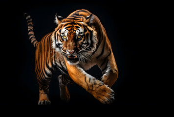 Fototapeta premium Close-face tiger on black background, Angry Face, AI GENERATIVE
