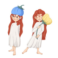 little girl in white dress with flower  and floral crown illustration