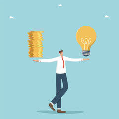 Profitability and payback of innovations, buying intellectual property, investing in creative ideas and startups for income, launching new business projects, man holds coins and a light bulb in hands.