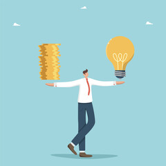 Profitability and payback of innovations, buying intellectual property, investing in creative ideas and startups for income, launching new business projects, man holds coins and a light bulb in hands.