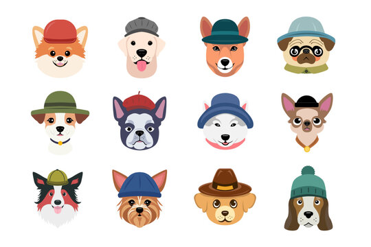 Cartoon Dog Breeds In The Hats. Hand Drawn Funny Set Illustration