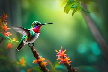 Fototapeta premium hummingbird on a branch forest | ai generative image