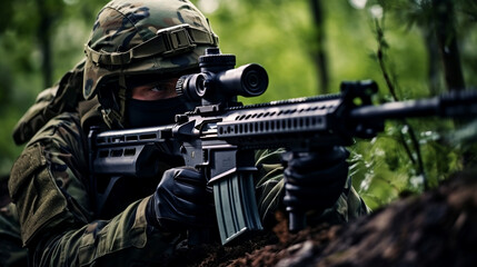 Naklejka premium Army sniper aims through the telescopic sight, Generative Ai