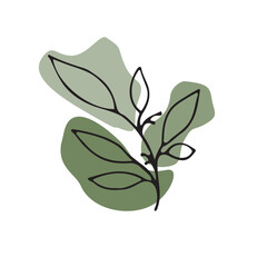 Vector illustration. Twig in a black outline in the style of hand drawing with graphic colored objects in a greenish color.