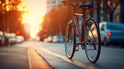 Bicycle on the background of a blurred city, Generative Ai