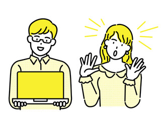 A man with a laptop and a surprised woman. Marketing business concept