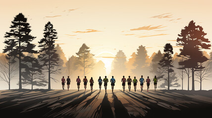 Group of joggers on the background of nature, jogging silhouettes of a people engaged in sports