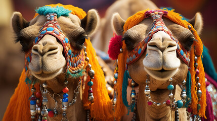 Camels with traditional dresses close up, Generative Ai