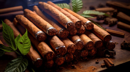 Cigars on a wooden desk closeup view, Generative Ai