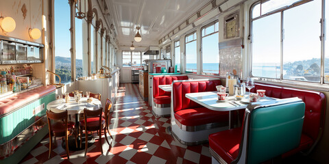 Fototapeta premium Retro diner colorful interior with lots of windows and sunlight in the morning. Empty, vintage, fifties style cafe with leather seats and sea view. AI-generated