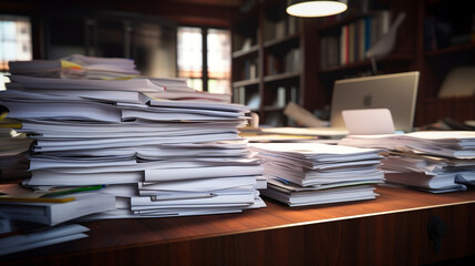 Close-up office desk with an organized stack of papers, Generative Ai
