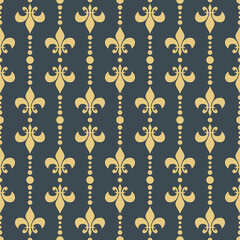 Seamless elegant pattern with Fleur De Lis and  dots and decoration in gold color on dark blue background - 623803123