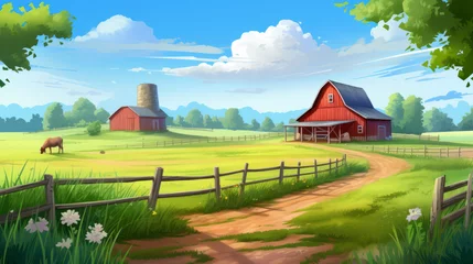  Farm cartoon style illustration background with barn and green nature © Keitma