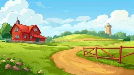 Fotobehang Farm cartoon style illustration background with barn and green nature © Keitma