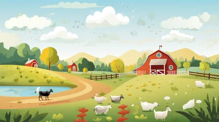 Fotobehang Farm cartoon style illustration background with barn and green nature © Keitma