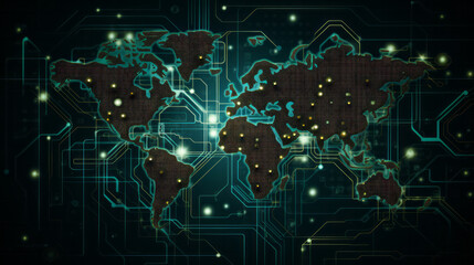 Stylized map of the world with digital elements, such as circuit board lines and pixelated continents